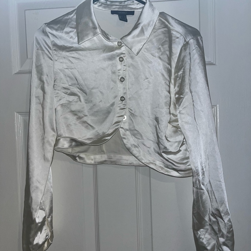 Forever 21 White Cuffed Sleeve Crop Shirt